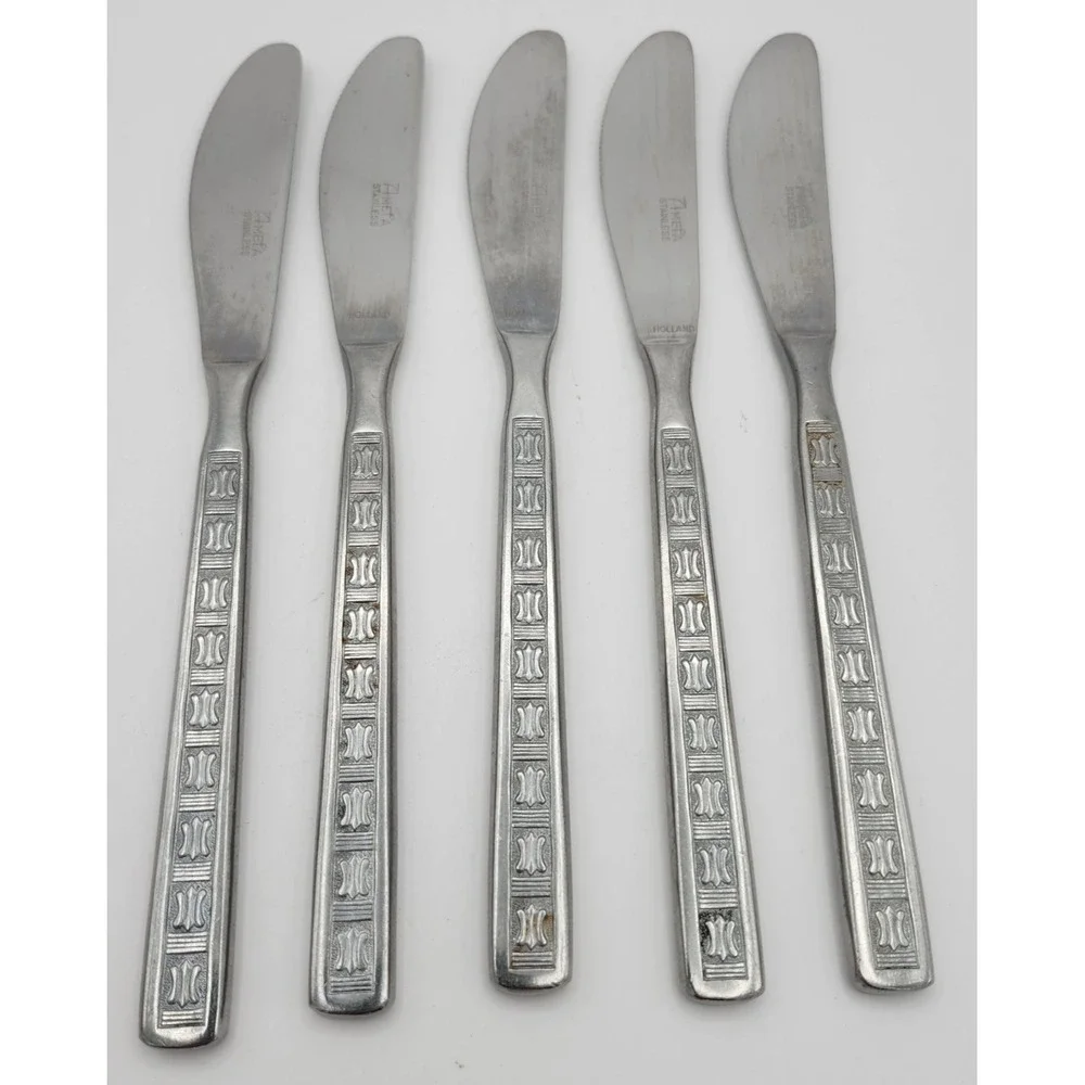 Amefa Holland‎ Stainless Dinner Knife 5 Knives Disc. Geometric Pattern VTG HTF